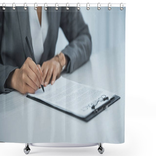 Personality  Cropped View Of Businesswoman Signing Contract  Shower Curtains