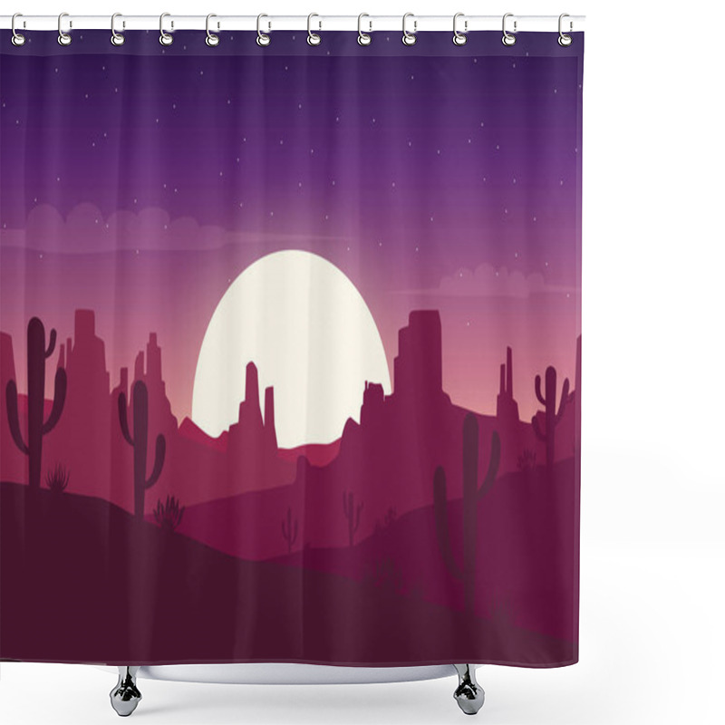Personality  Desert Landscape At Night With Cactus And Hills Silhouettes Background - Vector Illustration Shower Curtains