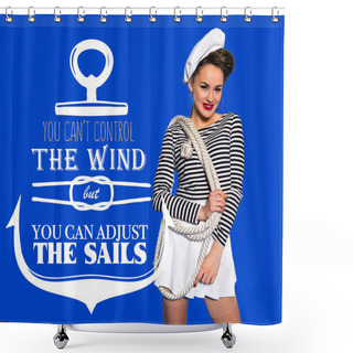 Personality  Smiling Beautiful Young Woman In Sailor Shirt With Rope And Motivational Inscription Isolated On Blue Shower Curtains