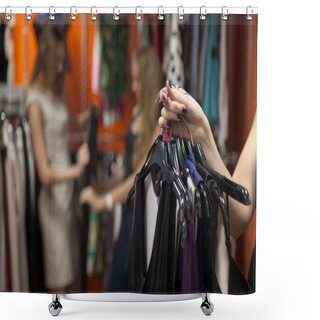 Personality  Woman Holding Bunch Of Garments In Shop, Closeup Shower Curtains