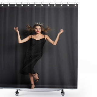 Personality  Full Length Of Elegant Woman In Black Slip Dress And Tiara On Grey Shower Curtains