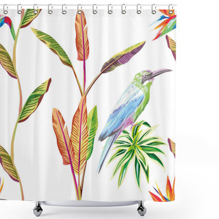 Personality  Seamless Composition Of Tropical Leaves Flowers And Bird White B Shower Curtains