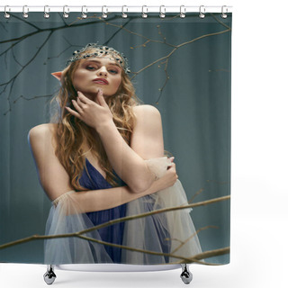 Personality  A Young Woman, Resembling A Fairy-tale Elf Princess, Stands Gracefully In A Blue Dress In Front Of A Majestic Tree. Shower Curtains