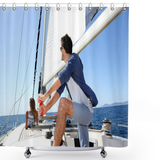Personality  Skipper Navigating In Mediterranean Sea Shower Curtains