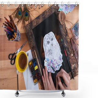 Personality  Hand Drawing A Owl In  Creative Environment. Shower Curtains
