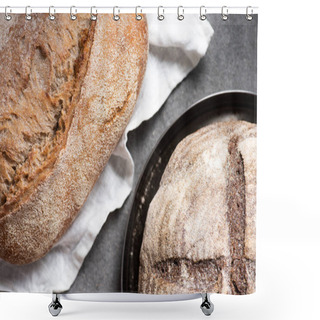 Personality  Top View Of Loafs On Baked Bread On Linen And Plate On Grey Surface Shower Curtains