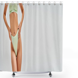 Personality  Cropped View Of Sensual Young Model In Light Green Bra Touching Modern Panties And Posing Isolated On Grey, Self-acceptance And Body Positive Concept, Banner With Copy Space, Femininity  Shower Curtains