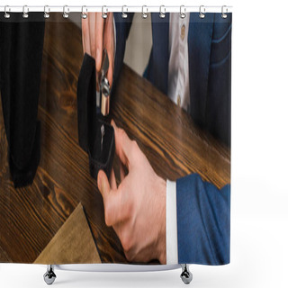 Personality  Cropped View Of Jewelry Appraiser Examining Jewelry Ring With Magnifying Glass At Table On Grey Background, Panoramic Shot Shower Curtains