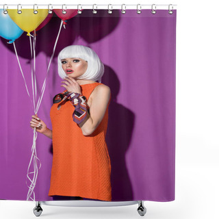 Personality  Surprised Girl In White Wig Holding Air Balloons On Purple Background Shower Curtains