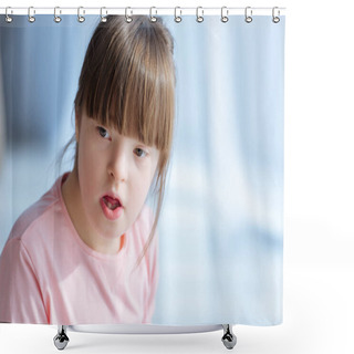 Personality  Portrait Of Thoughtful Child With Down Syndrome Shower Curtains