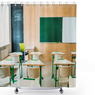 Personality  Interior Of Empty Modern Classroom With Blank Chalkboard At School Shower Curtains