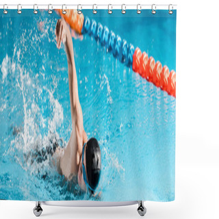 Personality  Panoramic Shot Of Handsome Swimmer Training In Swimming Pool  Shower Curtains