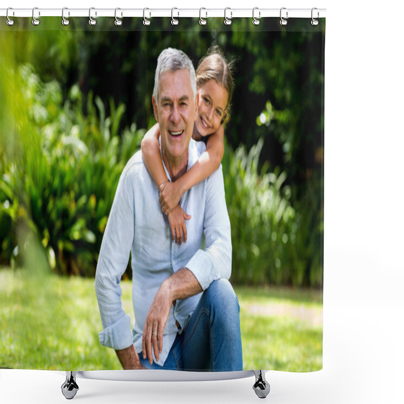 Personality  Grandfather and grandaughter smiling at yard  shower curtains