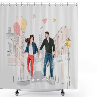 Personality  Creative Hand Drawn Collage With Couple Walking By Paris Street Shower Curtains