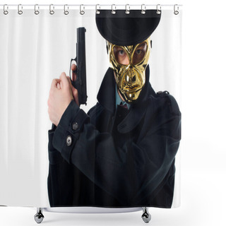 Personality  Portrait Of Criminal In Golden Mask, Hat And Black Coat With Gun In Hands Looking At Camera Isolated On White Shower Curtains