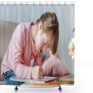 Personality  Child With Down Syndrome Enthusiastically Drawing With Colorful Pencils Shower Curtains