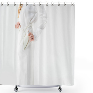 Personality  Cropped View Of Woman Putting Bottle Of Milk In Pocket On White  Shower Curtains