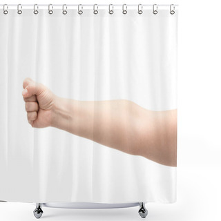 Personality  Cropped View Of Woman Showing Fist Isolated On White Shower Curtains