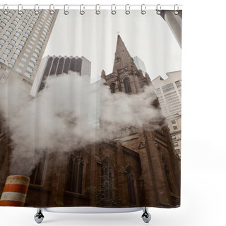 Personality  Red Brick Catholic Church And Skyscrapers Near Steam On Street In New York City, Low Angle View Shower Curtains