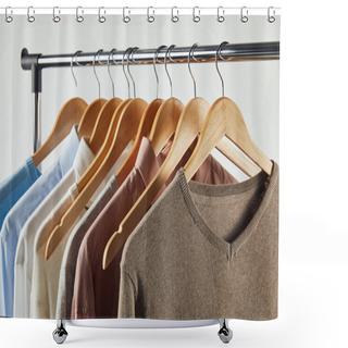Personality  Straight Rack, Wooden Hangers And Male Clothes Isolated On Grey Shower Curtains