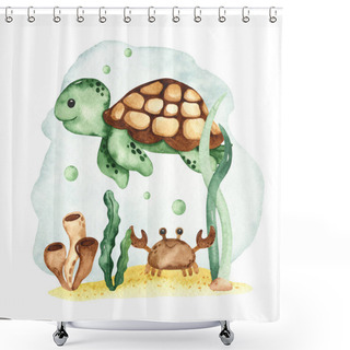 Personality  Sea Turtle, Crab, Seaweed. Watercolor Hand Drawn Composition Shower Curtains