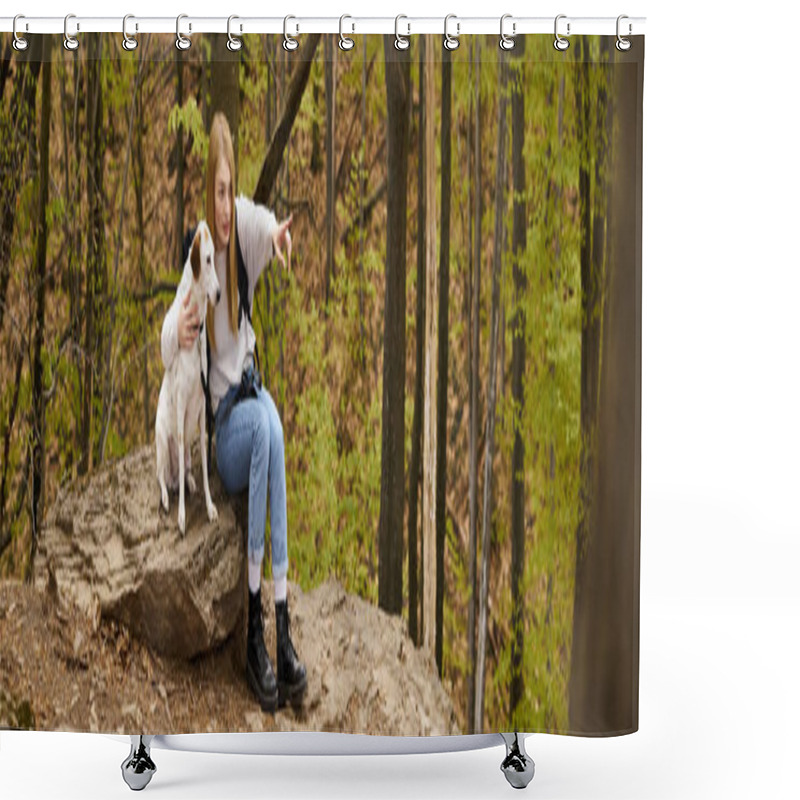 Personality  Devoted Blond Adventurer Showing Her Curious Dog A Direction Sitting On Rock In The Woods, Banner Shower Curtains