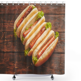 Personality  Tasty American Hot Dogs Assorted In Row. Placed On Wooden Table Shower Curtains