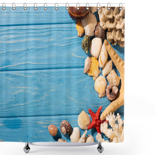 Personality  Top View Of Seashells, Starfishes And Coral On Wooden Blue Background Shower Curtains