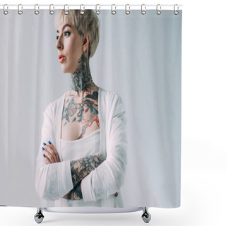 Personality  Attractive Woman With Tattoos Standing With Crossed Arms Isolated On Grey Shower Curtains