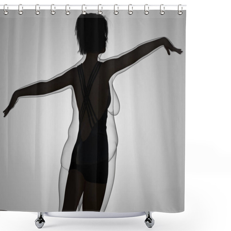 Personality  Conceptual Fat Overweight Obese Female Vs Slim Fit Healthy Body After Weight Loss Or Diet With Muscles Thin Young Woman On Gray. A Fitness, Nutrition Or Fatness Obesity, Health Shape 3D Illustration Shower Curtains