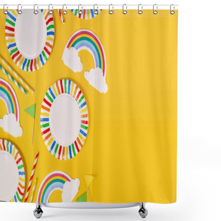 Personality  Party Flat Lay With Colorful Plates, Rainbow Napkins And Drinking Straws On Yellow Background With Copy Space Shower Curtains