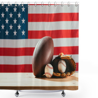 Personality  American Flag And Sport Equipment On Foreground Shower Curtains