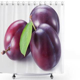 Personality  Three Plums With Leaves On White Background. Shower Curtains