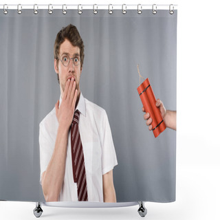 Personality  Frightened Man Holding Hand On Mouth While Another Holding Dynamite Shower Curtains