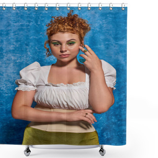 Personality  Attractive And Redhead Plus Size Woman In White Blouse Looking At Camera On Blue Uneven Backdrop Shower Curtains