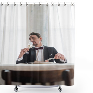 Personality  Well-dressed Gentleman In Tuxedo Enjoying Taste Of Champagne While Eating Beef Steak, Wealthy Life Shower Curtains