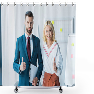 Personality  Handsome Recruiter And Blonde Woman Showing Thumbs Up In Office  Shower Curtains
