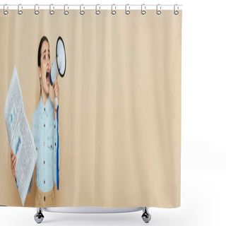 Personality  Brunette Woman In Denim Shirt With Newspaper Screaming In Loudspeaker Isolated On Beige, Panoramic Shot Shower Curtains
