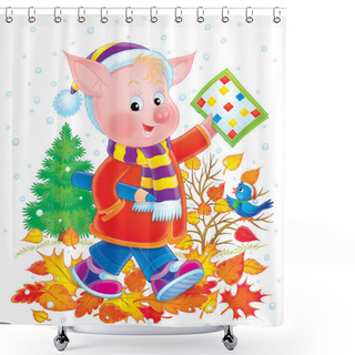Personality  Pink Pig School Boy In Clothes Shower Curtains