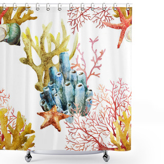 Personality  Watercolor Corals Set And Ocean Sponge Shower Curtains