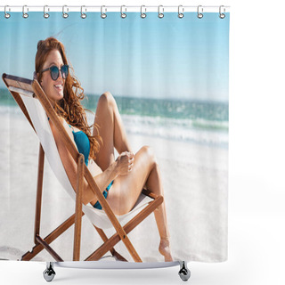 Personality  Beautiful Woman Relaxing At Beach Shower Curtains