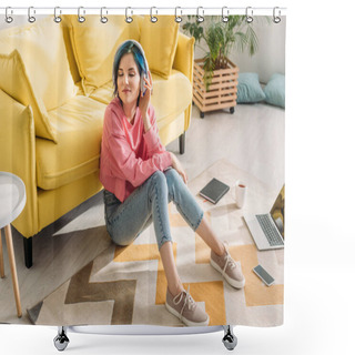 Personality  High Angle View Of Freelancer With Colorful Hair, Closed Eyes And Headphones Smiling Near Sofa On Floor Shower Curtains