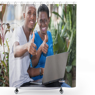 Personality  Closeup Of Young Students With Laptop, Happy. Shower Curtains