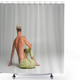 Personality  Back View Of Shirtless Man Doing Supine Spinal Twist Yoga Pose On Grey Background  Shower Curtains