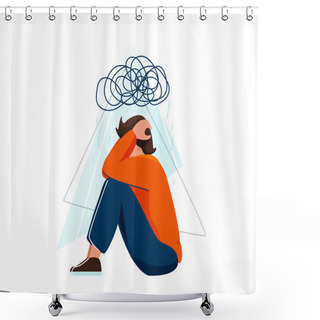 Personality  Mental Health Vector Illustration. Sad Depressed Man Sitting And Holding His Head, A Cloud Of Chaos Over Him. Stress Concept In Flat Simple Style Isolated On White Background Shower Curtains