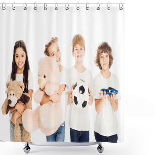 Personality  Smiling Children Holding Toys And Looking At Camera Isolated On White Shower Curtains