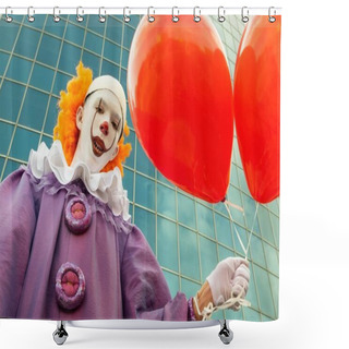 Personality  Street Makeup On The Face Of A Teenager. A Boy In The Image Of A Clown With Sharp Teeth Holds In His Hand Two Red Balloons Against The Background Of A Modern Building Made Of Glass. Halloween. Shower Curtains