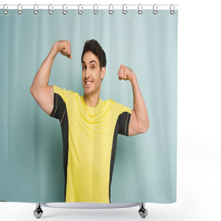 Personality  Cheerful Muscular Sportsman In Yellow T-shirt On Blue Shower Curtains