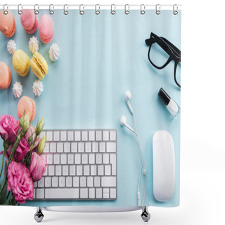 Personality  Keyboard, Macarons And Flowers On Tabletop Shower Curtains
