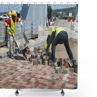 Personality  Construction Workers Installing  And Arranging Precast Concrete Pavers Stone Shower Curtains